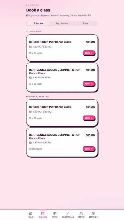 Knox Kpop App showing the class booking schedule