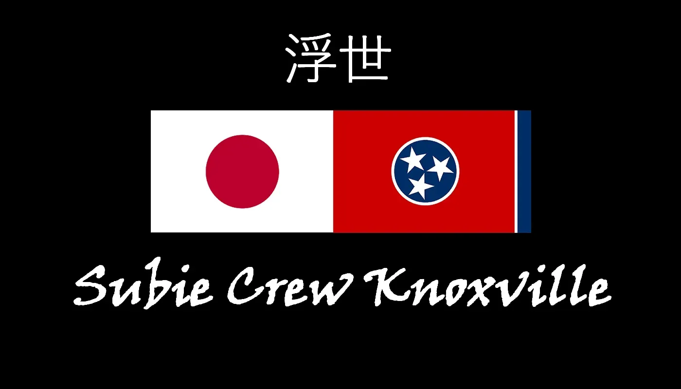 Subie Crew Knoxville — 浮世 logo with Japanese and Tennessee flags